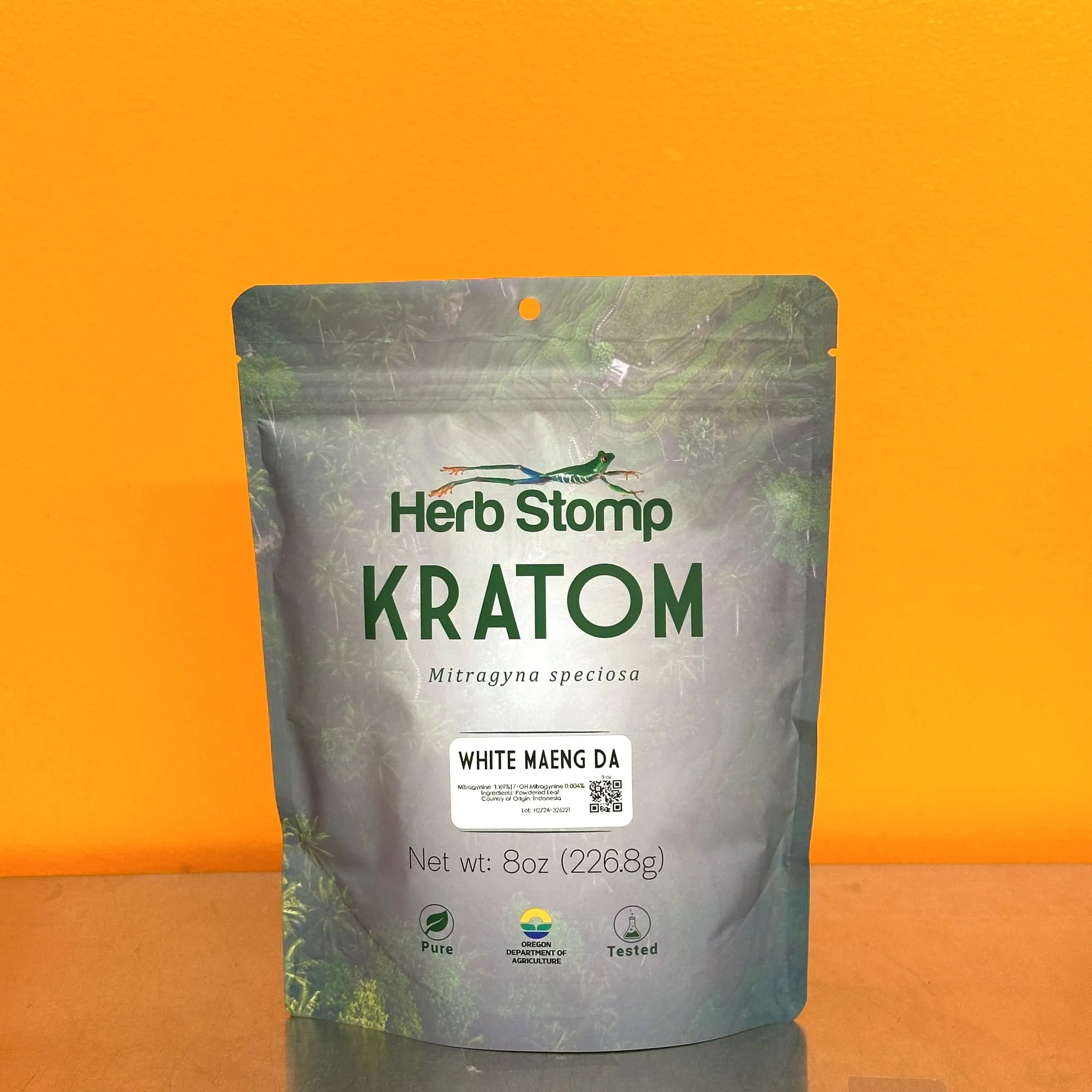 White Maeng Da Kratom powder — 8 oz resealable bag, Herb Stomp lab-tested kratom packaging