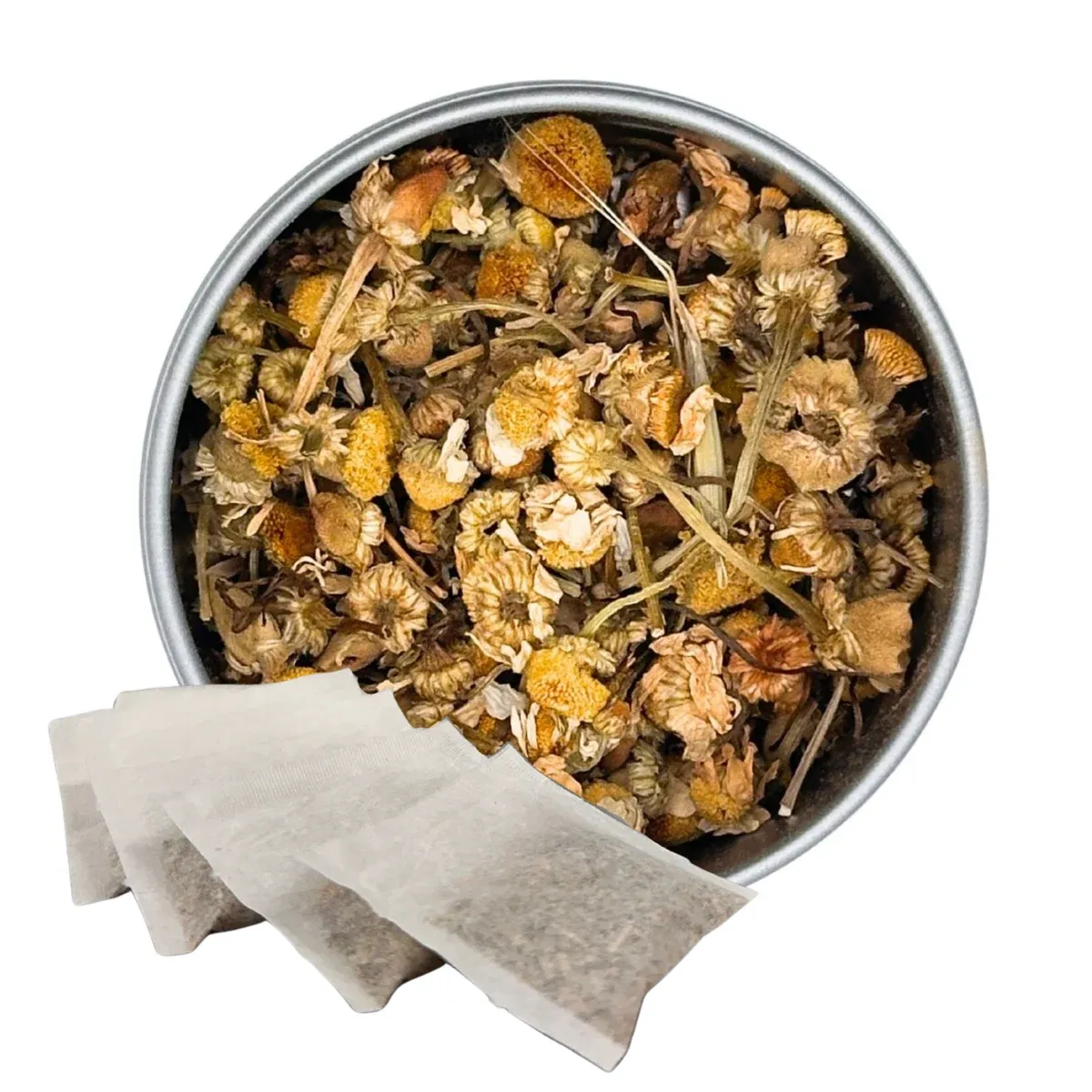 Chamomile Tea, Tea Bags: tea in a round dish with paper sachets alongside it