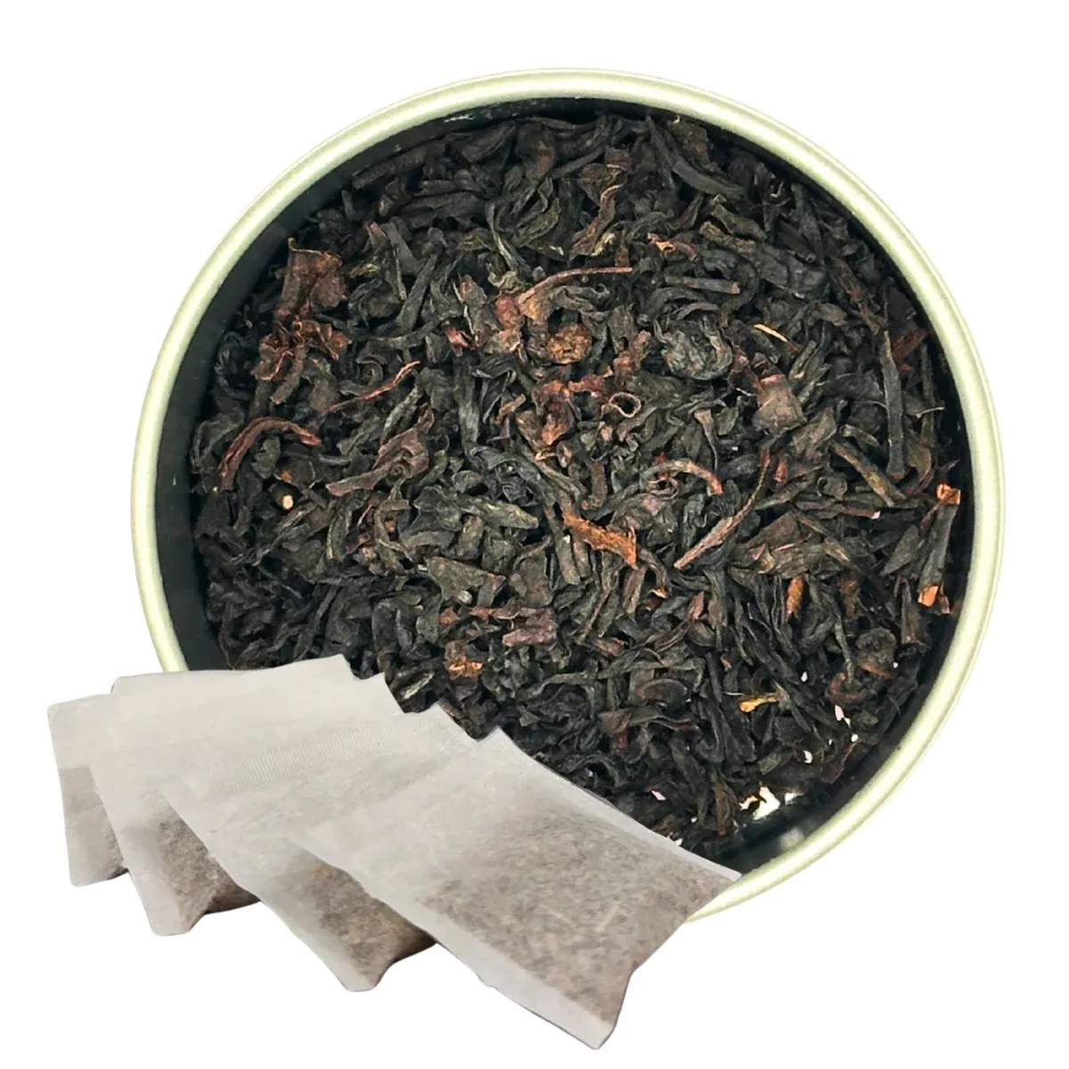 Earl Grey Tea, Tea Bags: tea in a round dish with paper sachets alongside it