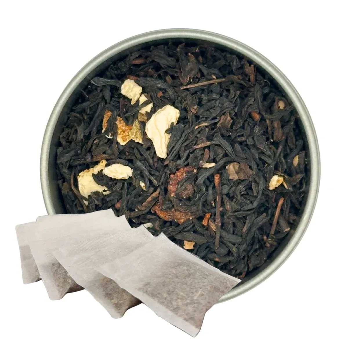 Ginger Orange Peach Tea, Tea Bags: tea in a round dish with paper sachets alongside it