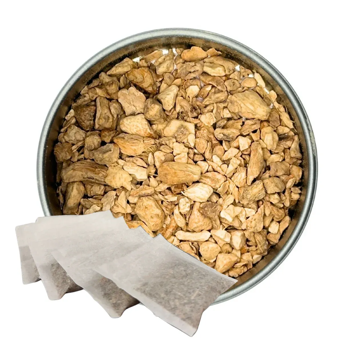 Ginger Tea, Tea Bags: tea in a round dish with paper sachets alongside it
