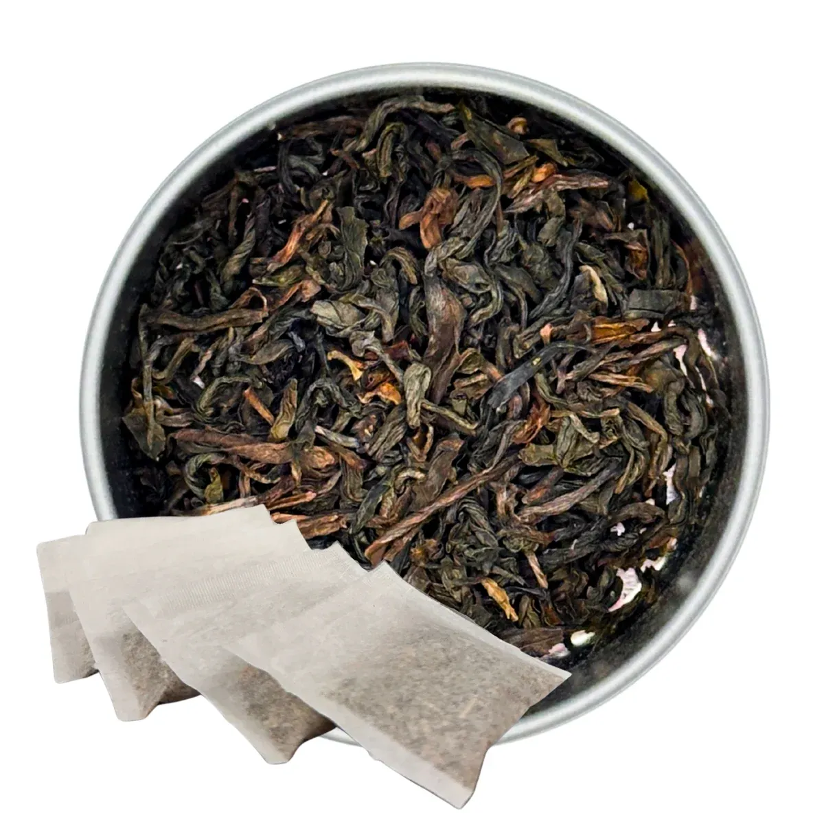 Jasmine Tea, Tea Bags: tea in a round dish with paper sachets alongside it