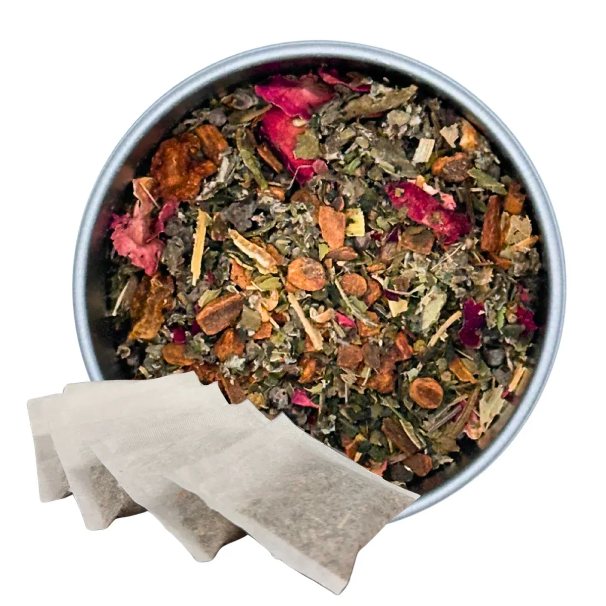 Mother Earth Tea, Tea Bags: tea in a round dish with paper sachets alongside it
