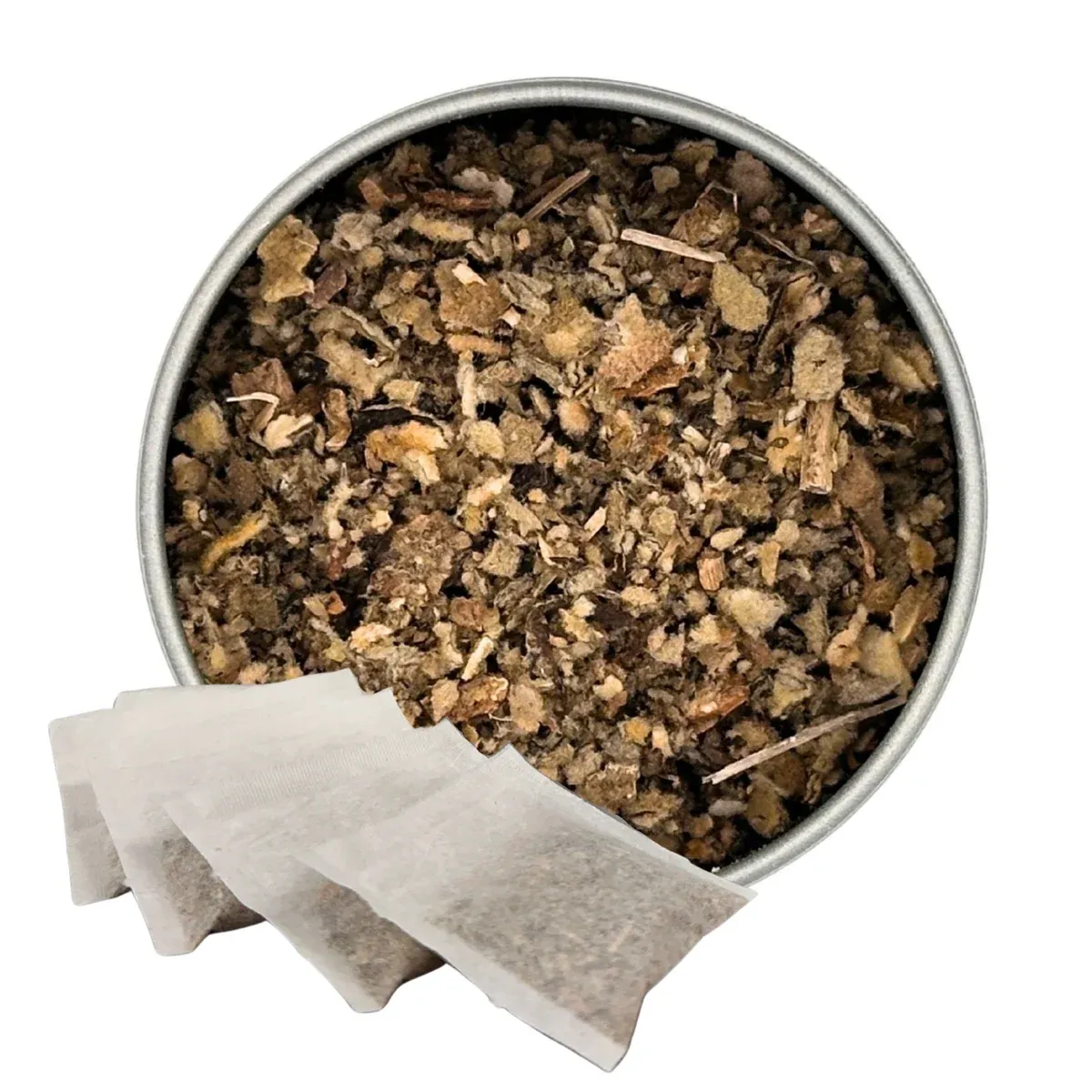 Mullein Tea, Tea Bags: tea in a round dish with paper sachets alongside it