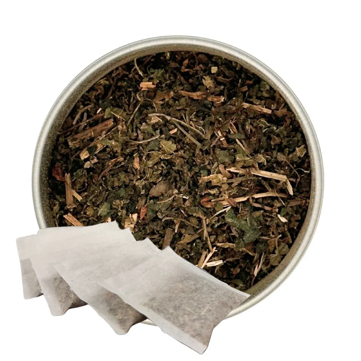 Nettle Leaf Tea, Tea Bags: tea in a round dish with paper sachets alongside it
