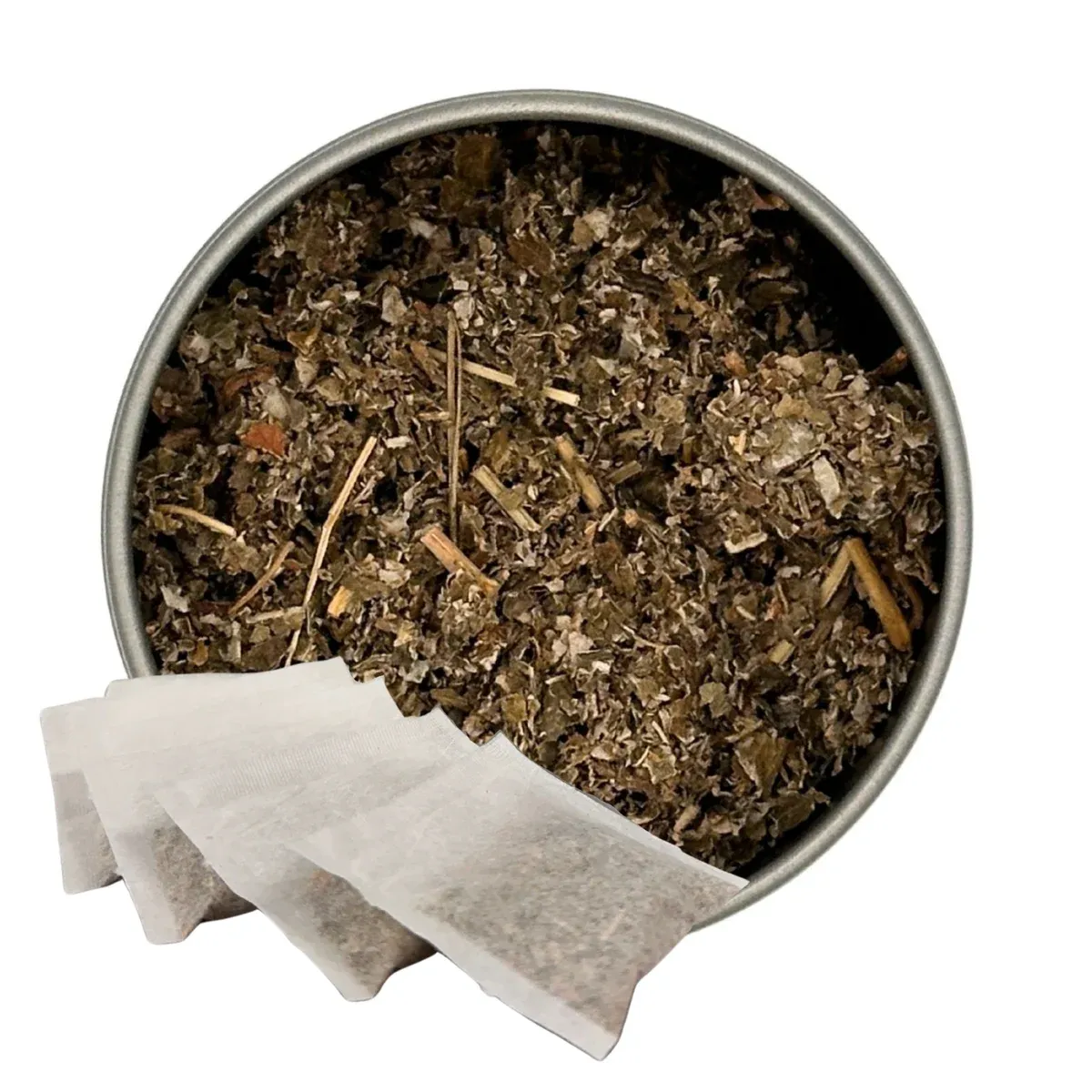 Raspberry Leaf Tea, Tea Bags: tea in a round dish with paper sachets alongside it