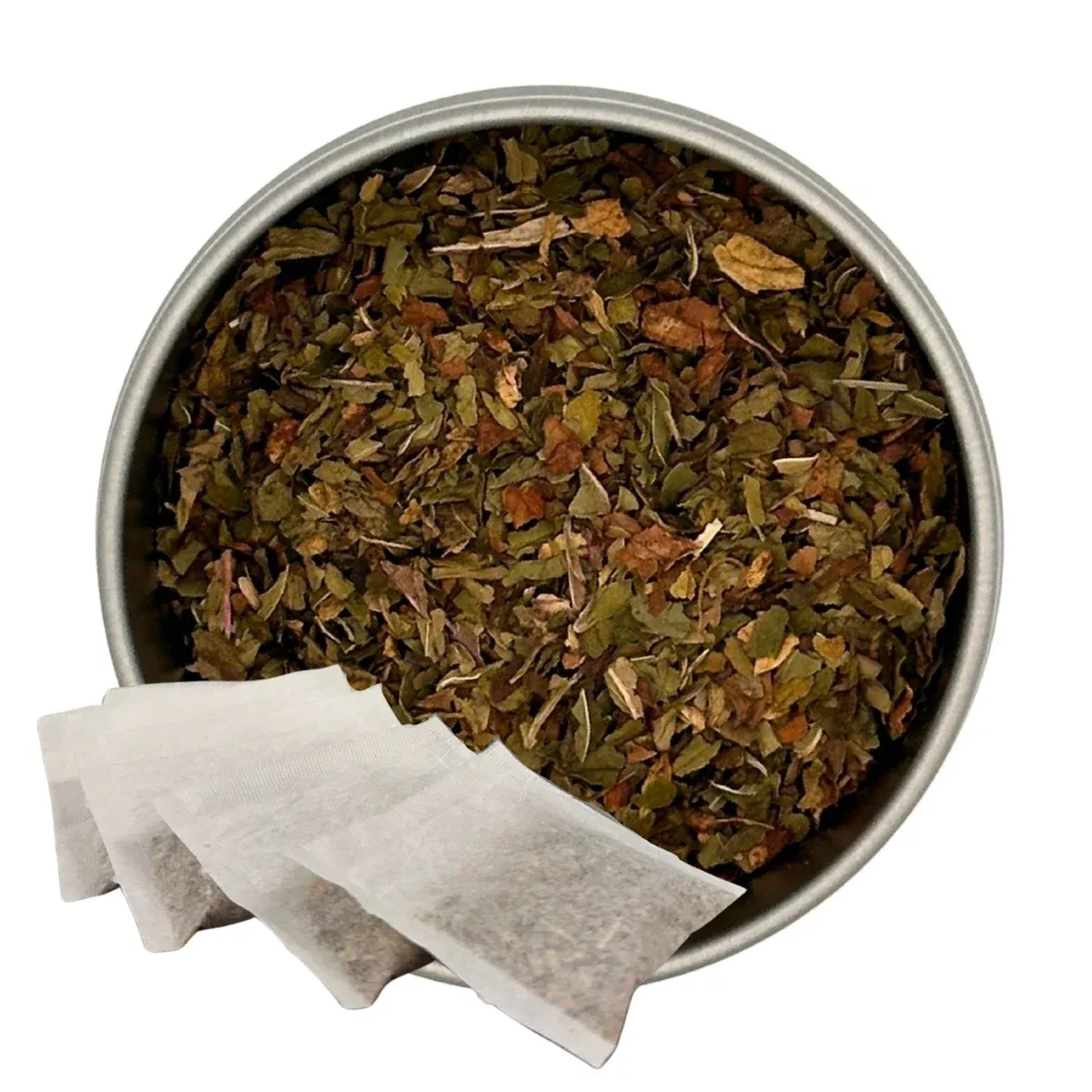 Spearmint Tea, Tea Bags: tea in a round dish with paper sachets alongside it