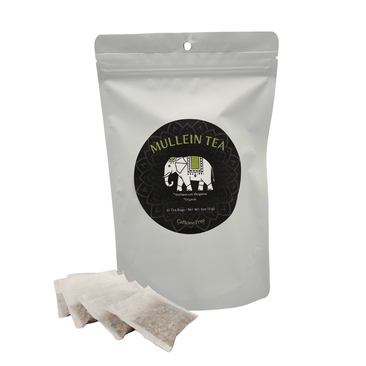 Resealable pouch of organic mullein tea with several unbleached paper tea bags in front of it