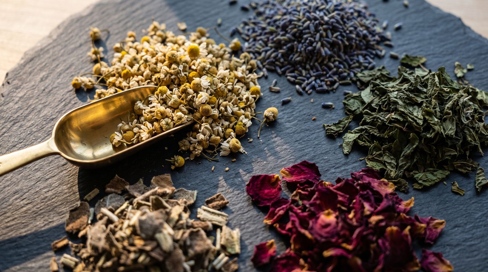 Piles of dried chamomile, lavender, peppermint, rose petals, and mullein with a brass scoop