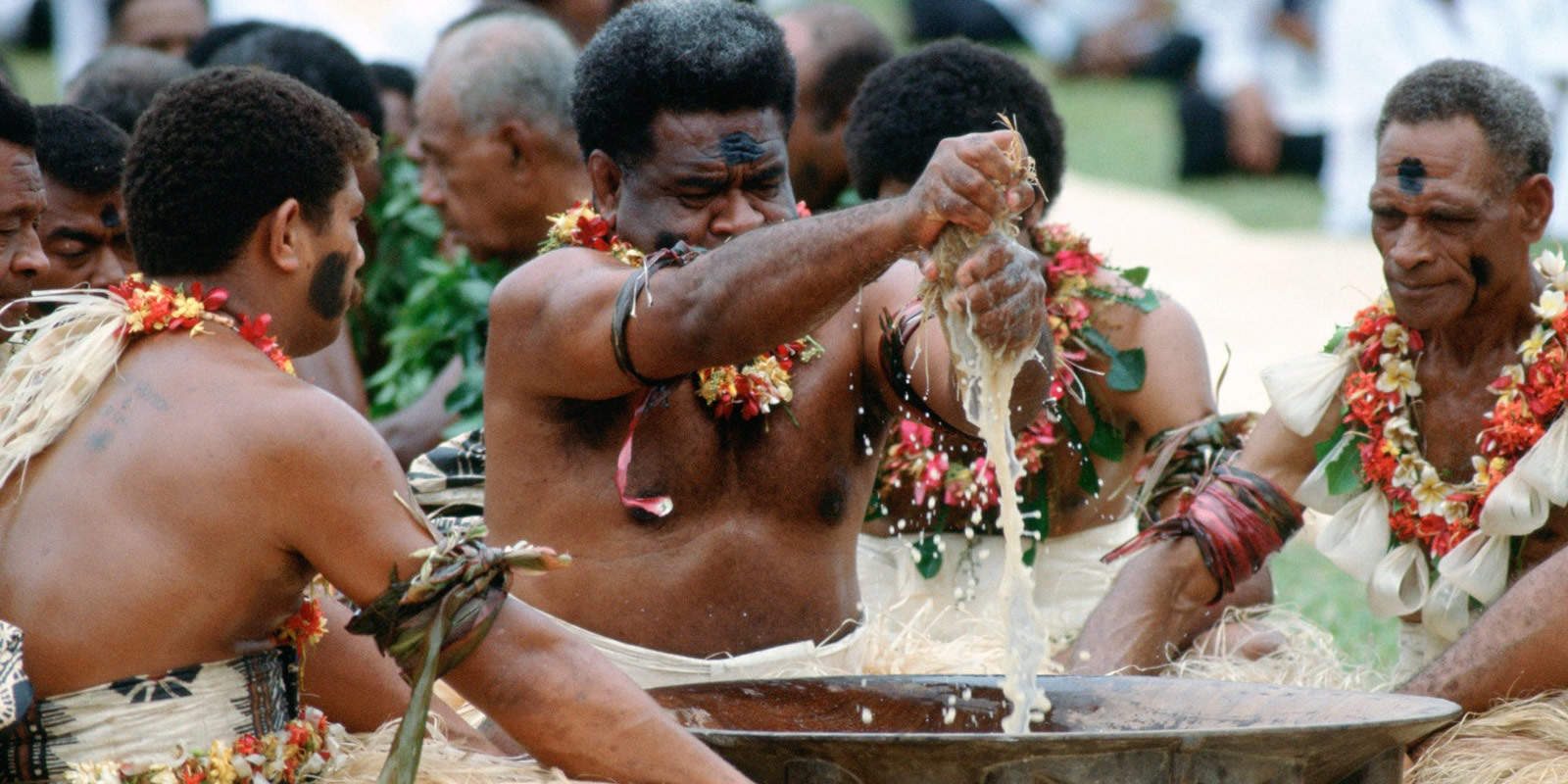 Traditional Fijian kava ceremony with kava being strained by hand into a large wooden bowl