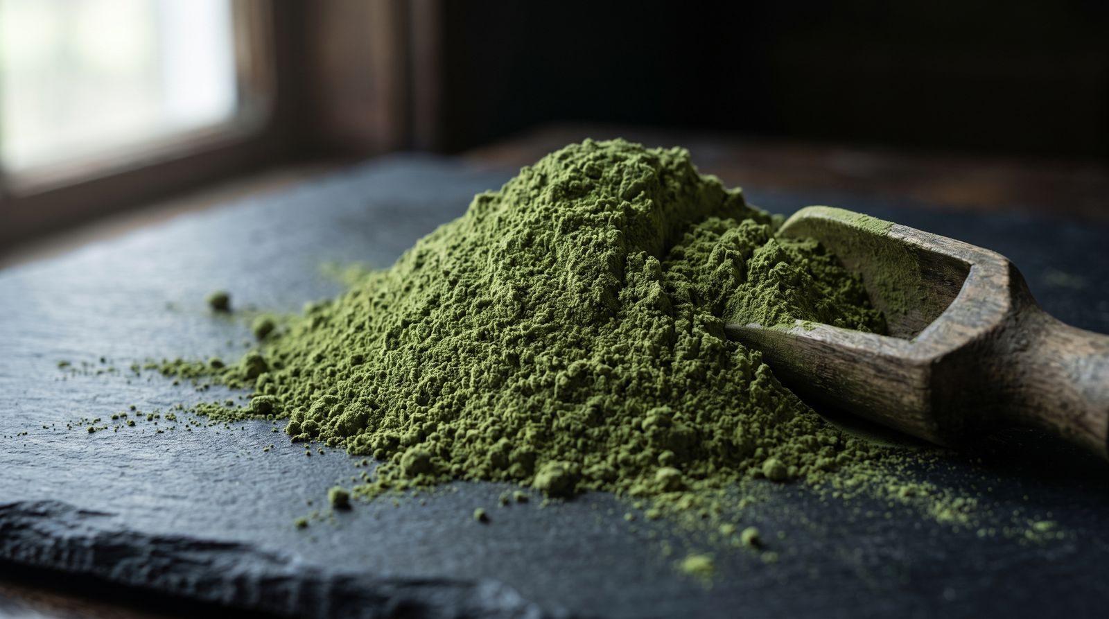 Finely milled green kratom powder on slate with a wooden scoop