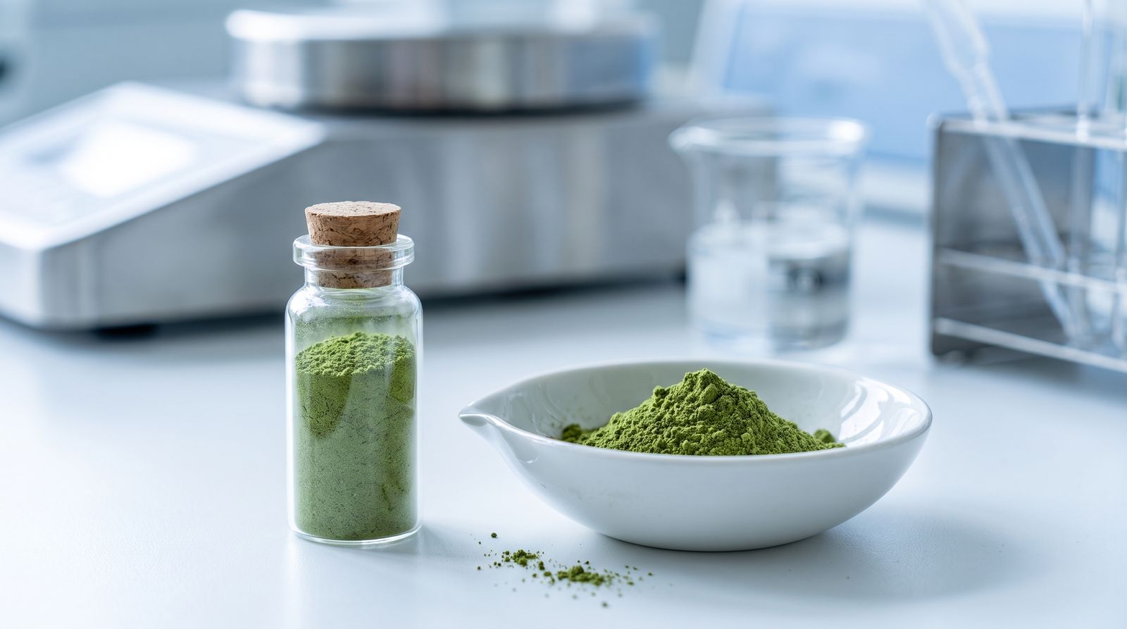 Green kratom powder sample in a vial and dish on an analytical lab bench