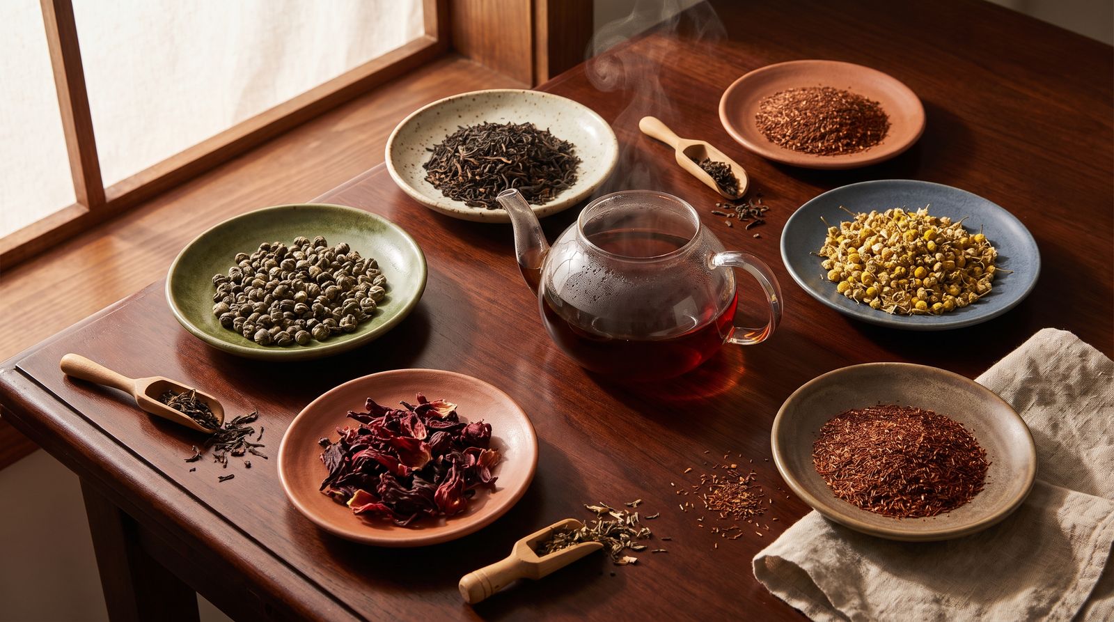 Dishes of loose leaf teas with a glass teapot steeping